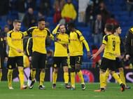 MADRID, SPAIN - DECEMBER 07:  Borussia Dortmund players celebrate after drawing 2-2 in the UEFA Champions League Group F match between Real Madrid CF and Borussia Dortmund at the Bernabeu on December 7, 2016 in Madrid, Spain.  (Photo by Denis Doyle/Getty Images)